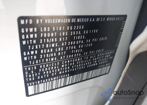 2022 Volkswagen Tiguan 2.0T S z USA, uszkodzony, nr VIN 3VV1B7AXXNM015548